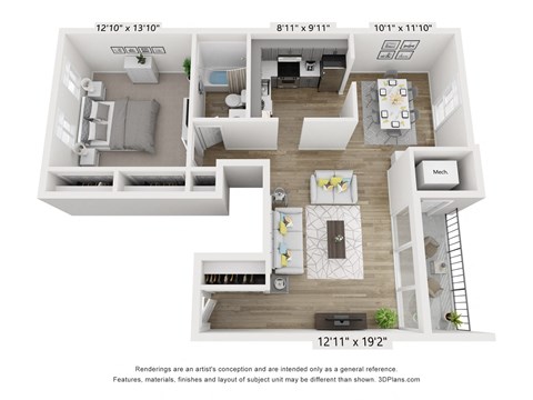 Floor plan for 1 bed, 1 bath, 760 sqft