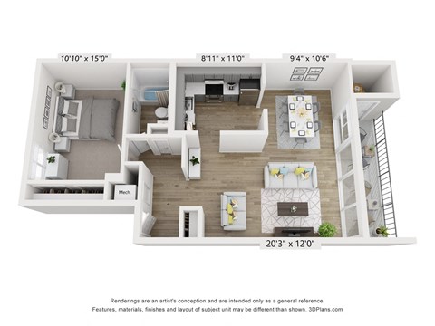 Floor plan for 1 bed, 1 bath, 770 sqft