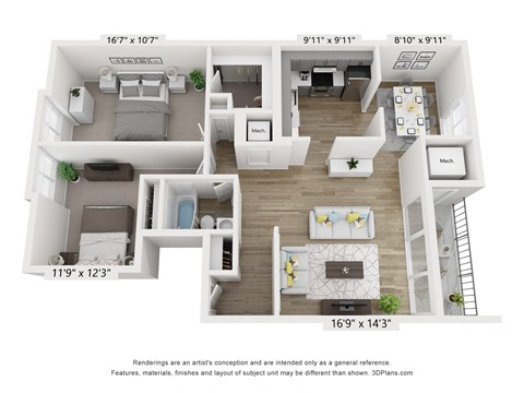 Floor plan for 2 beds, 1 bath, 980 sqft