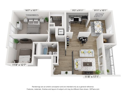 Floor plan for 2 beds, 1 bath, 990 sqft