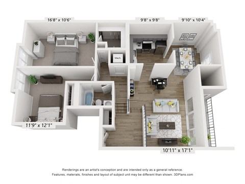 Floor plan for 2 beds, 1 bath, 1000 sqft