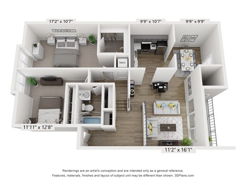 Floor plan for 2 beds, 1 bath, 1045 sqft