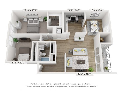 Floor plan for 2 beds, 1 bath, 1065 sqft