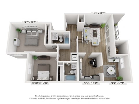Floor plan for 2 beds, 2 baths, 1040 sqft