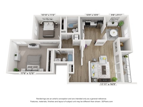 Floor plan for 2 beds, 2 baths, 1080 sqft