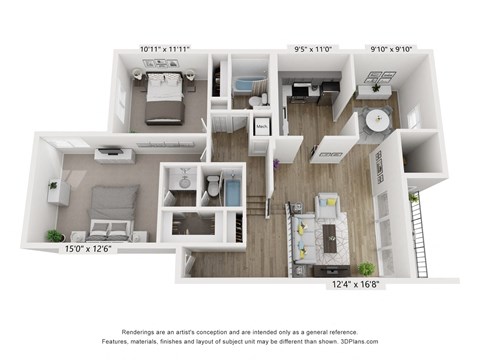 Floor plan for 2 beds, 2 baths, 1110 sqft