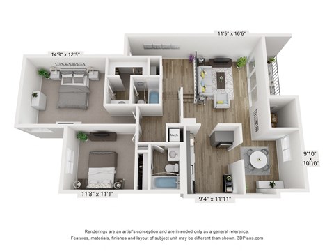 Floor plan for 2 beds, 2 baths, 1115 sqft