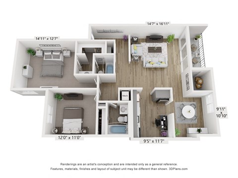 Floor plan for 2 beds, 2 baths, 1130 sqft