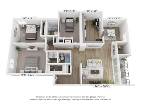 Floor plan for 3 beds, 2 baths, 1280 sqft