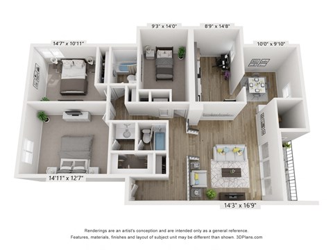 Floor plan for 3 beds, 2 baths, 1300 sqft