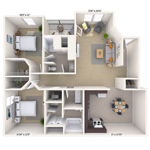Floor plan for 2 beds, 2 baths, 1300 sqft