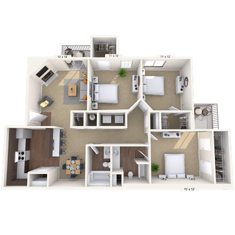 Floor plan for 3 beds, 2 baths, 1200 sqft