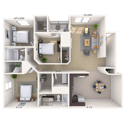 Floor plan for 3 beds, 2 baths, 1400 sqft