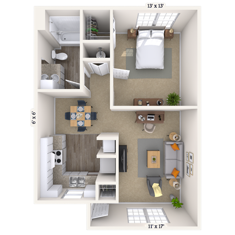 Floor plan for 1 bed, 1 bath, 700 sqft