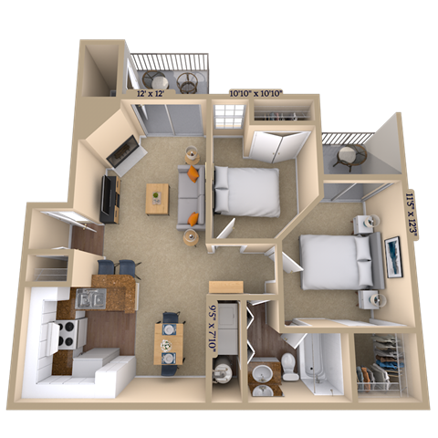 Floor plan for 2 beds, 1 bath, 790 sqft