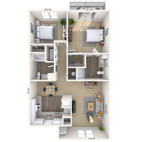 Floor plan for 2 beds, 2 baths, 1000 sqft
