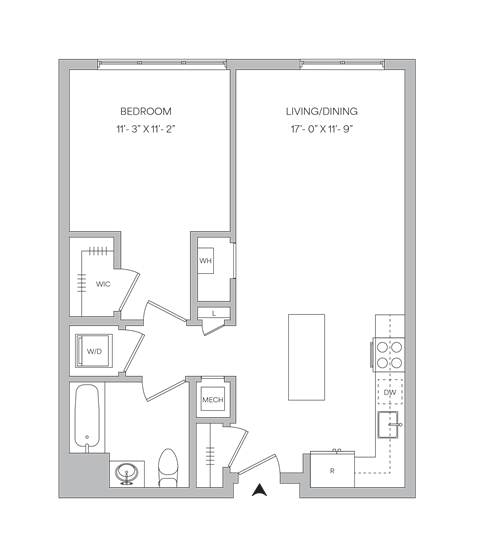 Floor plan for 1 bed, 1 bath, 730 sqft