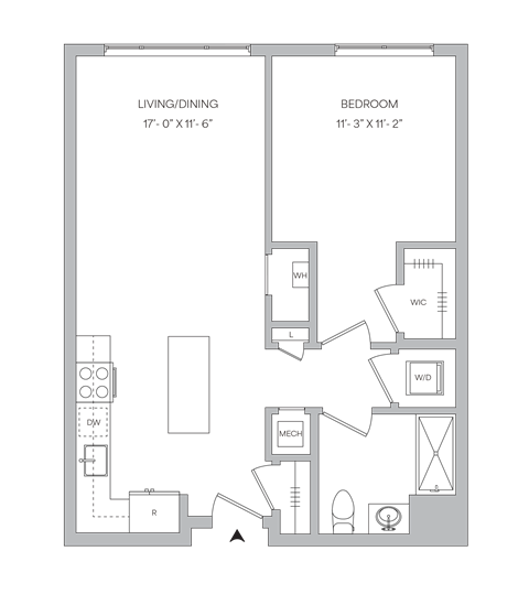 Floor plan for 1 bed, 1 bath, 744 sqft