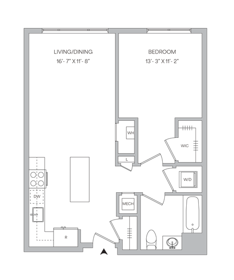 Floor plan for 1 bed, 1 bath, 746 sqft