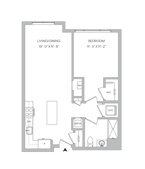 Floor plan for 1 bed, 1 bath, 751 sqft