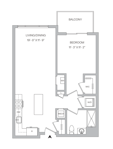 Floor plan for 1 bed, 1 bath, 756 sqft