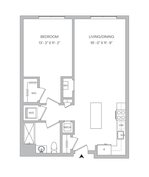 Floor plan for 1 bed, 1 bath, 779 sqft