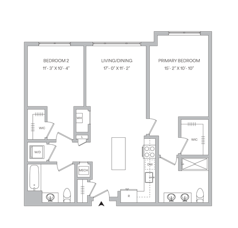 Floor plan for 2 beds, 2 baths, 1051 sqft