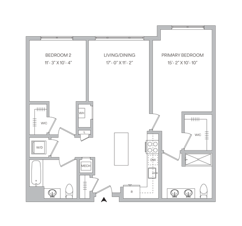 Floor plan for 2 beds, 2 baths, 1077 sqft