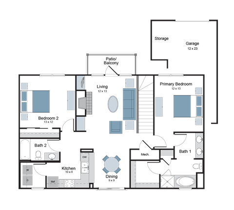 Floor plan for 2 beds, 2 baths, 1212 sqft