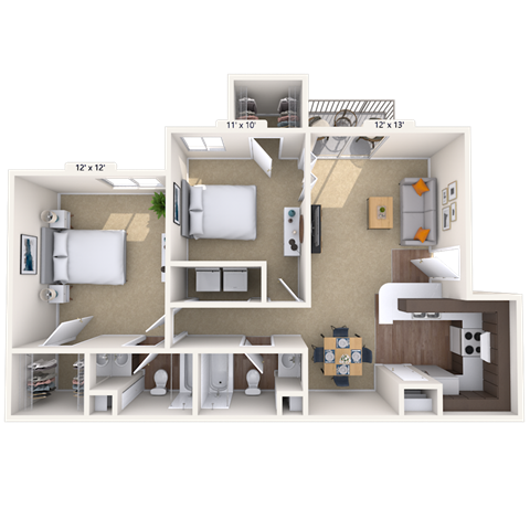 Floor plan for 2 beds, 2 baths, 800 sqft