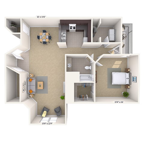 Floor plan for 1 bed, 1 bath, 1200 sqft