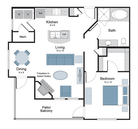 Floor plan for 1 bed, 1 bath, 808 sqft