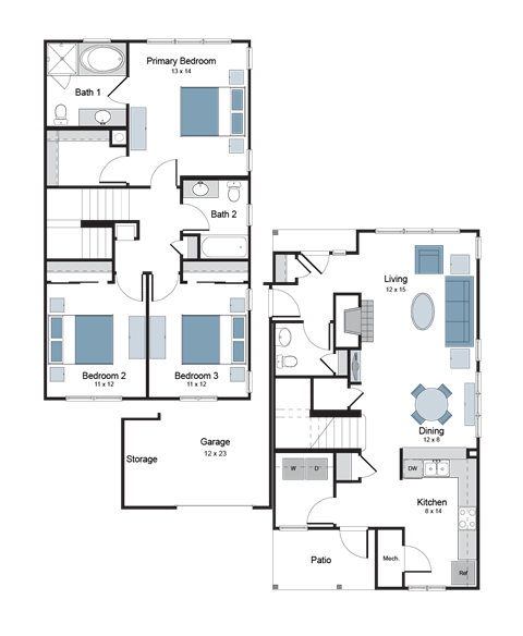 Floor plan for 3 beds, 2.5 baths, 1527 sqft