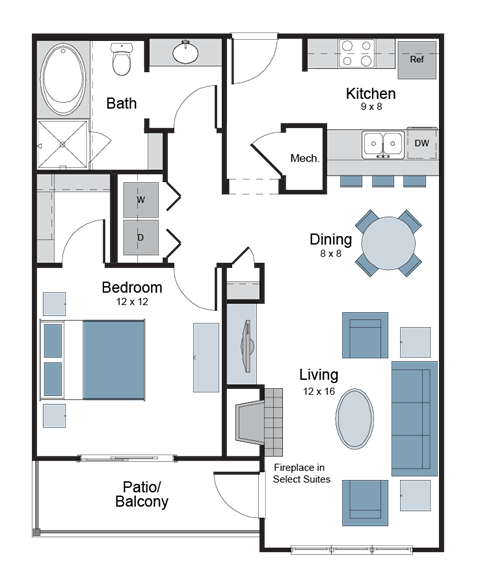Floor plan for 1 bed, 1 bath, 793 sqft