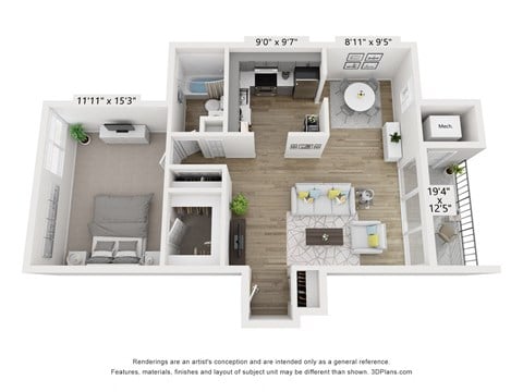 Floor plan for 1 bed, 1 bath, 750 sqft