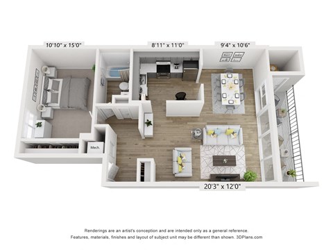 Floor plan for 1 bed, 1 bath, 790 sqft
