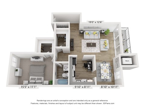 Floor plan for 1 bed, 1 bath, 810 sqft