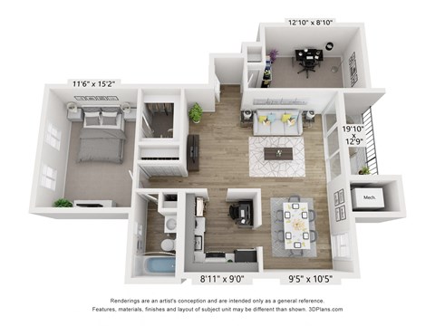 Floor plan for 1 bed, 1 bath, 900 sqft