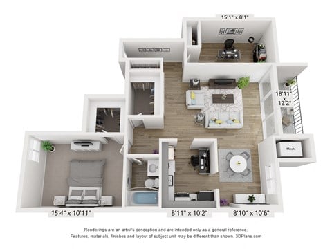 Floor plan for 1 bed, 1 bath, 945 sqft