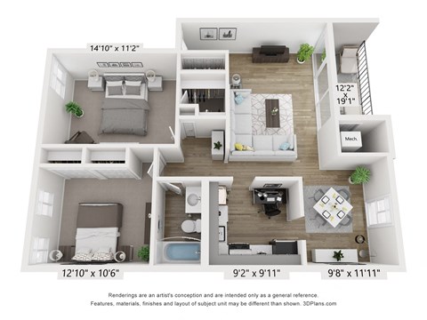 Floor plan for 2 beds, 1 bath, 960 sqft