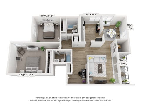 Floor plan for 2 beds, 2 baths, 1055 sqft