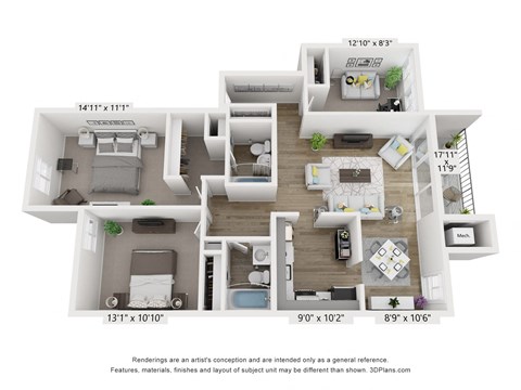 Floor plan for 2 beds, 2 baths, 1125 sqft