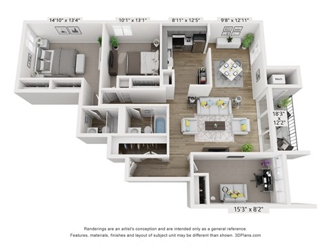 Floor plan for 2 beds, 2 baths, 1160 sqft