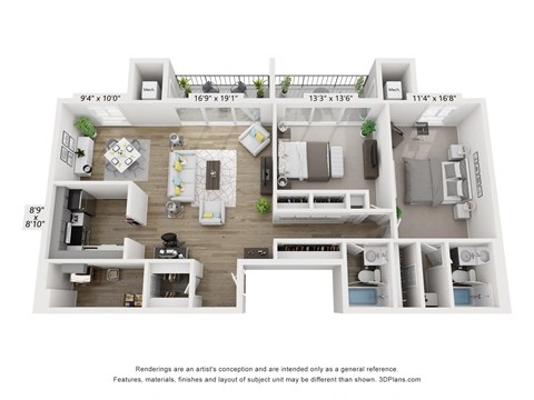 Floor plan for 2 beds, 2 baths, 1185 sqft