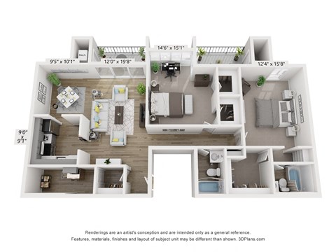 Floor plan for 2 beds, 2 baths, 1240 sqft