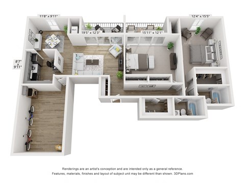 Floor plan for 2 beds, 2 baths, 1405 sqft