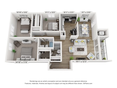 Floor plan for 3 beds, 2 baths, 1205 sqft