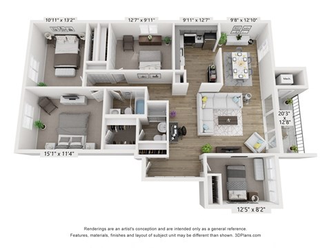 Floor plan for 3 beds, 2 baths, 1370 sqft