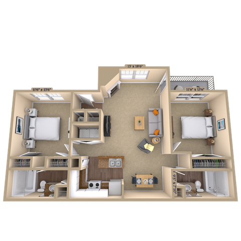 Floor plan for 2 beds, 2 baths, 1017 sqft