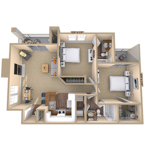 Floor plan for 2 beds, 2 baths, 1061 sqft